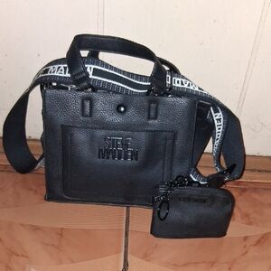 Steve Madden Black Pebbled Messenger Tote with Logo Strap